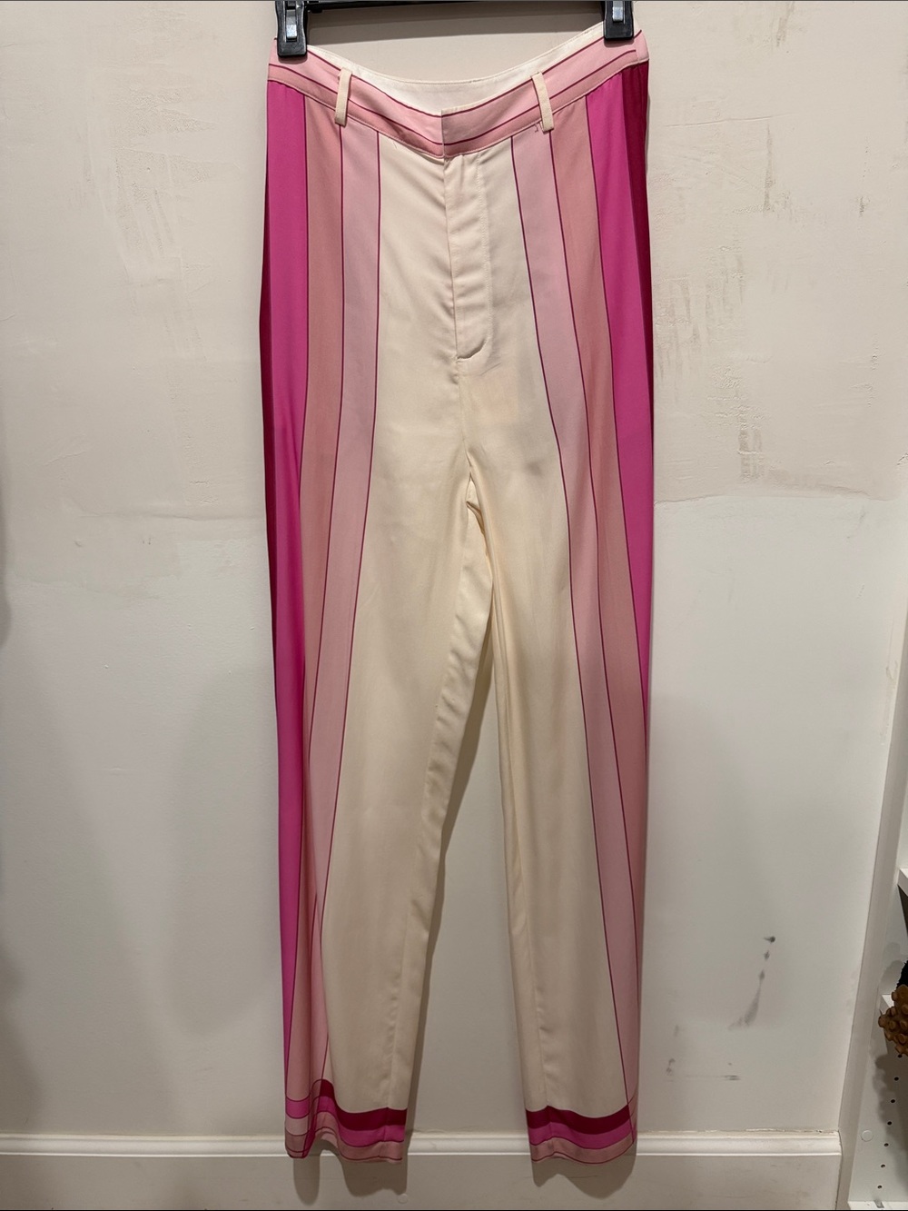 High-Waist Cream Pants with Pink Stripe Detail